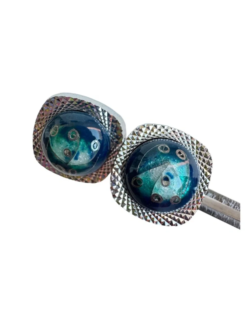 Vintage Japanese Cloisonne Cufflinks Tie Clip Set Blue Green Enamel Formal Groom